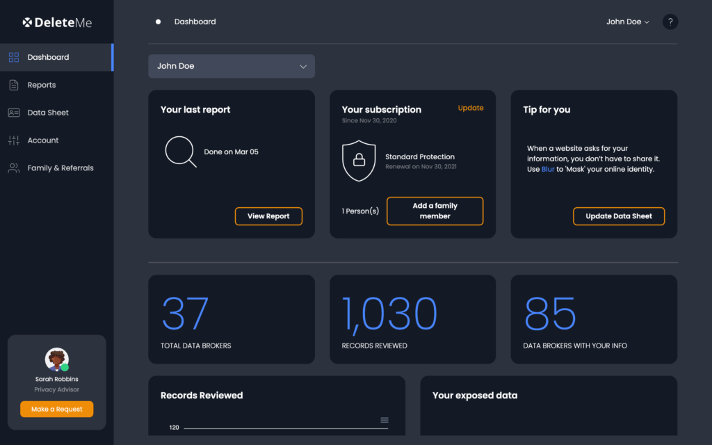 DeleteMe dashboard showing removal progress across data broker sites