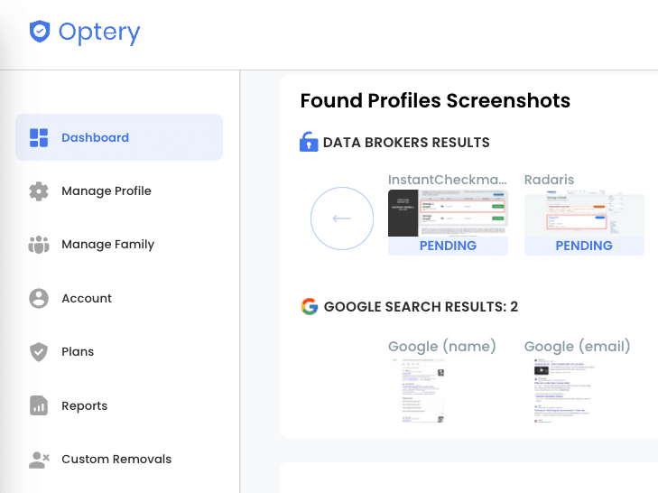 Optery dashboard showing personal data exposure scan results and removal status
